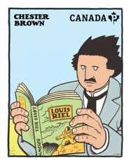 Stamp depicting a man reading a book with toe cover displaying &quot;Louis Riel&quot;