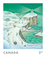 International rate stamp. Coastal winter panorama with cliffside lighthouse, village, and sledding enthusiasts under a blue-green sky.