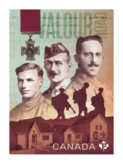 Stamp with Victoria Cross images. Depicts a village, 3 soldier silhouettes, 3 recipients, the medal, and &quot;Valour Road&quot; text. 