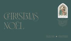 Front of cover with green background. Madonna and Child stamp in upper right with cancel mark. “Christmas” and “Noël” text on the left. 