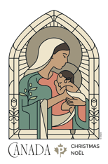Holiday “Madonna and Child” stamp. Mother and child embrace, Mary cradling baby Jesus in a stained glass-inspired design.