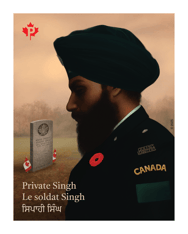 Stamp features illustration of Canadian Sikh soldier and Private Buckam Singh’s grave, “Private Singh” text in English, French and Punjabi.