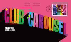 Front of envelope shows “Club Carousel” in rainbow block letters against pink background. Stamp top right corner with carousel horse cancel mark.
