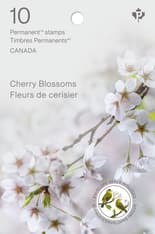 Cover features photograph of Prunus 'Somei-yoshino' stamp. Includes image of the Wilson’s warbler bird seal and “Cherry Blossoms” text. 