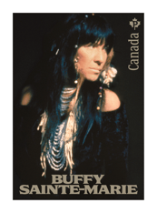 Stamp featuring a silhouette profile of Buffy Sainte-Marie gazing rightward in her Indigenous attire, with &quot;Buffy Sainte-Marie&quot; text.
