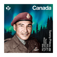 Stamp. &quot;Tommy Prince, MM&quot;, and &quot;Recipient of the Silver Star&quot; text with photo of him in uniform on a northern lights background.