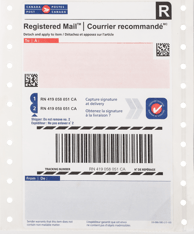 Registered Mail bar-code label – domestic commercial