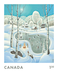 U.S. rate stamp. Magical outdoor winter ice-skating rink with village, outdoor fire, skaters, sledding, snow-draped trees, teal-coloured sky.