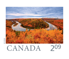 Image of a horseshoe-shaped stretch of the Restigouche River in New Brunswick in autumn, with “Canada” in type and 2.09 rate at the bottom. 
