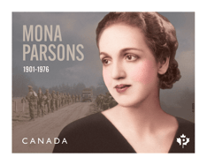 Stamp: Mona Parsons with soft smile, screened photo of soldiers of North Nova Scotia Highlanders advancing in background. 