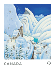 Whimsical snowy mountain scene with village, snow-covered trees, winter activities by glacial lake and stream under deep blue sky.