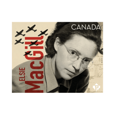  &quot;Canadians in Flight&quot; stamp. Features Elsie MacGill among a greyscale collage of various aircraft design imagery. 