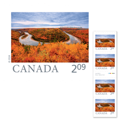 Strip of 4 oversized stamps featuring image of Restigouche River in New Brunswick.