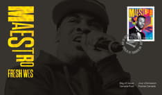 Black and white photo of Maestro performing against a black background. Features “Maestro Fresh Wes” in yellow text, the stamp and turntable cancel.