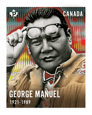 Stamp, with “George Manuel” and “1921-1989” text, and a vibrant, illustrated image of him lifting his glasses, against a colourful background. 
