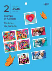 Front of pack. Depicts a collage of collection stamps, butterflies and "Stamps of Canada," "April-June," "2026" and “2”.