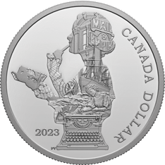 A pure silver coin, with a woman silhouette comprised of symbolic, journalism elements. Specifications surround the edge.