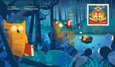 Community Foundation OFDC features an owl holding a book under its wing, on its way to gather with a bear, rabbit, fox and bee by a fire in the woods.