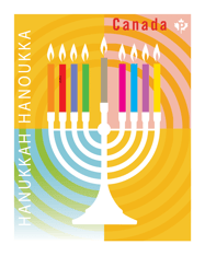 A white menorah graphic with 9 coloured candles, atop a bright background of concentric circles with &quot;Hanukkah&quot; text