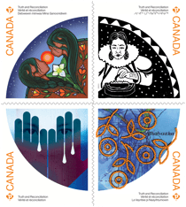 Pane of 4 unique collection stamps, each featuring Indigenous culture illustrations and &quot;Truth and Reconciliation&quot; text.