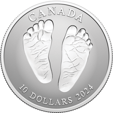 A pure, silver coin depicting a pair of baby feet. &quot;Canada,&quot; &quot;10 dollars,&quot; and &quot;2024&quot; text surrounds the edge.