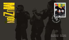 Front features a black and white photo of Muzion performing against a black background. Features “Muzion” in yellow text, the stamp and woofers cancel