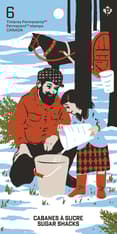 Front view of stamp booklet showing a man and child pouring maple sap into a pail in a snowy forest, with ‘Cabanes à sucre / Sugar Shacks’ text.