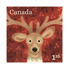 Stamp featuring a playful children&#39;s book-style illustration of a smiling reindeer on a red background with holly.