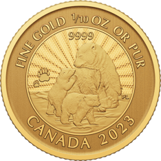 Pure gold coin with &quot;Fine gold 1/10 oz,&quot; &quot;9999&quot; and &quot;Canada 2023&quot; text, and an image of a polar bear