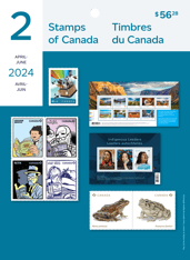 Front of pack. Depicts a collage of collection stamps and &quot;Stamps of Canada,&quot; &quot;April -June,&quot; &quot;2024&quot;