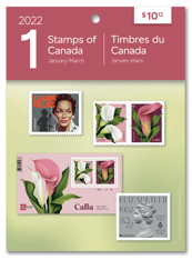 Front of pack. Depicts a collage of collection stamps and &quot;Stamps of Canada,&quot; &quot;January-March,&quot; &quot;2021&quot; 