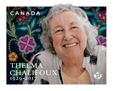 Stamp, with “Thelma Chalifoux” and “1929-2017”
text and a photo of her framed by a colourful, illustrated floral pattern.
