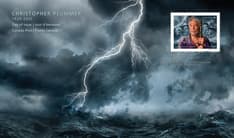 Cover with &quot;Christopher Plummer,&quot; &quot;1929-2021&quot; text, his stamp, and a dark and stormy lightning image from a starring film. 