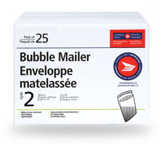 Paquet de 25 enveloppes no 2 matelassées avec dimensions, 2 logos de Postes Canada et image d’enveloppe matelassée ouverte