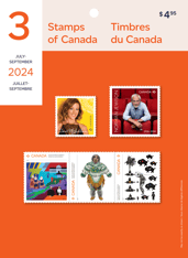 Front of pack. Depicts a collage of collection stamps and &quot;Stamps of Canada,&quot; &quot;July -September,&quot; &quot;2024&quot;