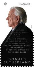 Movie-inspired stamp with Donald Sutherland&#39;s profile in a dark overcoat, overlayed with movie titles and &quot;Donald Sutherland” text.
