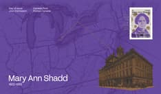purple envelope showing where Shadd lived, taught and or worked with an archival photo of Toronto’s St. Lawrence Hall.