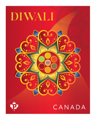 Stamp, depicting a colourful geometric Rangoli pattern and orange &quot;Diwali&quot; text against a red-toned background.