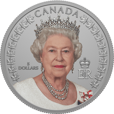 Front of coin with a maple-leaf framed colour portrait of Her Majesty Queen Elizabeth II, and &quot;Canada&quot; and &quot;5 dollars&quot; text. 
