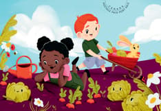 Front cover depicts a lively community garden scene with children, rabbits and insects. Also includes “Canada” and “postage-paid” text.