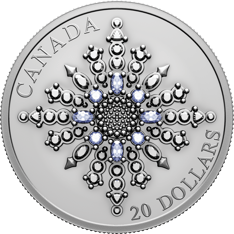 The coin’s reverse features an interpretation of the Sapphire Jubilee Snowflake Brooch of Queen Elizabeth II.