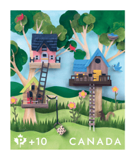 Stamp, with a nature illustration with birds, flowers, and 3 treehouses above rolling grass hills against a blue sky. 