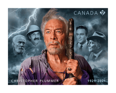 Stamp with &quot;Christopher Plummer,&quot; text and a dark and stormy collage of scenes and characters from his starring films. 