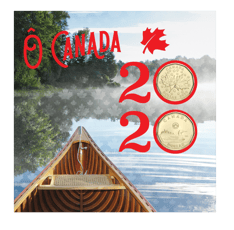 Front of pack, with a canoe bow, tree-shored lake, and &quot;O Canada&quot; and &quot;2020&quot; text. Gold-coloured $1 coins in each 0.
