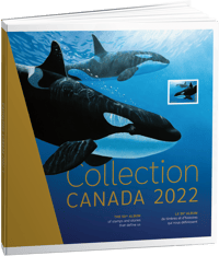 A gold and blue-toned hardcover book with a side view of 2 swimming whales, a stamp, and &quot;Collection Canada 2022&quot; text.