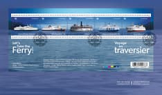 Official First Day Cover with the 5 Ferries stamps and “Let’s take the ferry” text against a blue-toned, waterscape background.