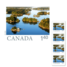 Bande de 4 timbres au tarif des envois à destination des États-Unis portant une image aérienne des Mille-Îles en Ontario.