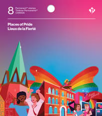 Couverture du carnet avec illustrations des timbres sur fond bleu, rose, violet, et texte « Lieux de la Fierté » et « 8 timbres Permanents » en blanc.