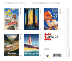 Bloc-feuillet avec surcharge portant le texte « Affiches touristiques d’époque » et 5 timbres, chacun orné d’une destination canadienne nostalgique. 