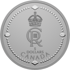 Pièce en argent pur ornée d’une représentation de la couronne du roi Charles III, du monogramme royal, et du texte « Canada » et « 5 dollars » 